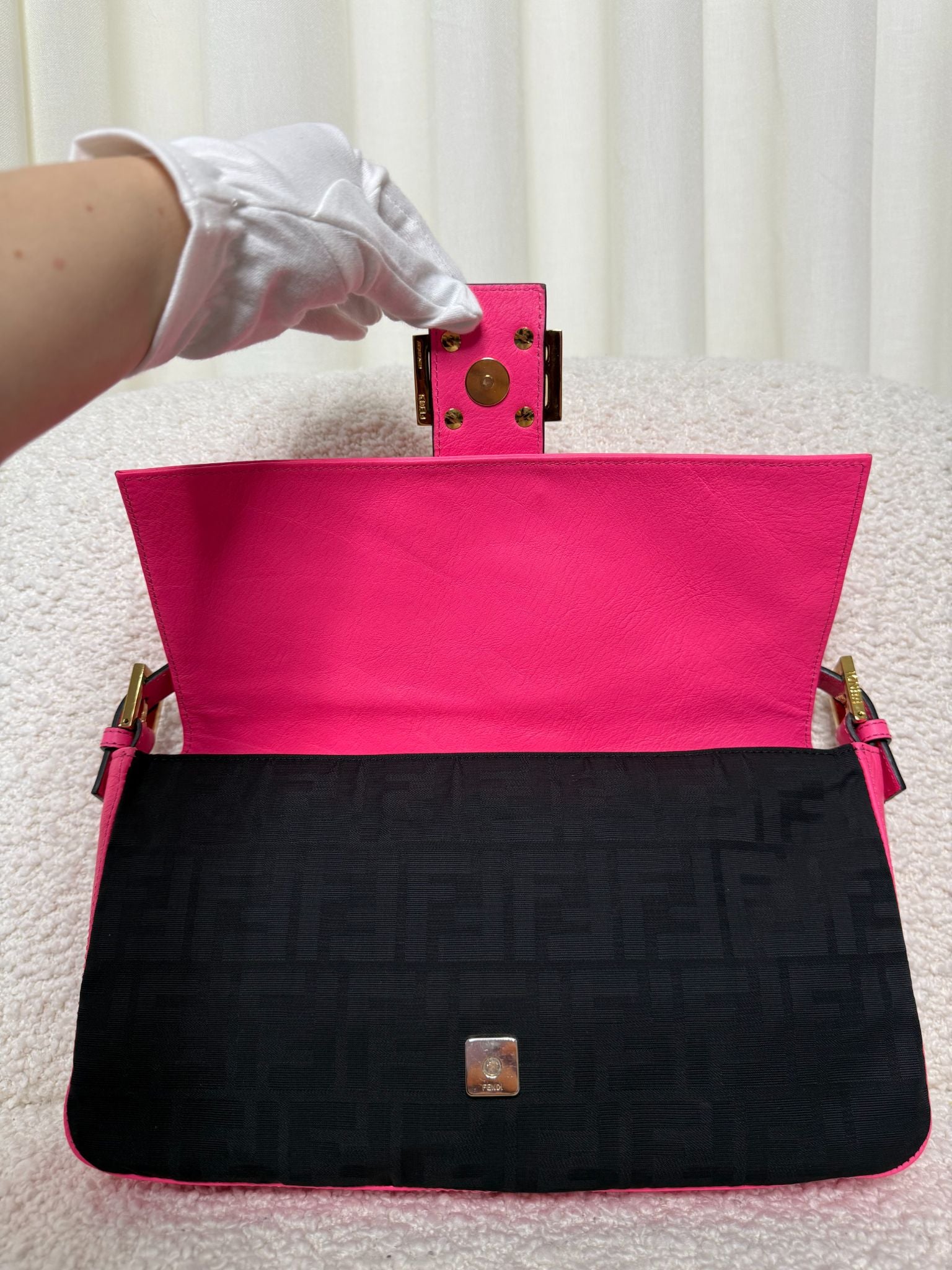 Fendi Pink Leather and Black Fabric Baguette Bag