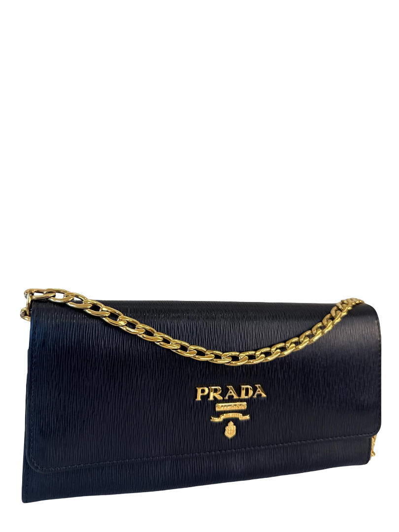Prada Black Vitello Move Leather Continental Wallet on Chain
