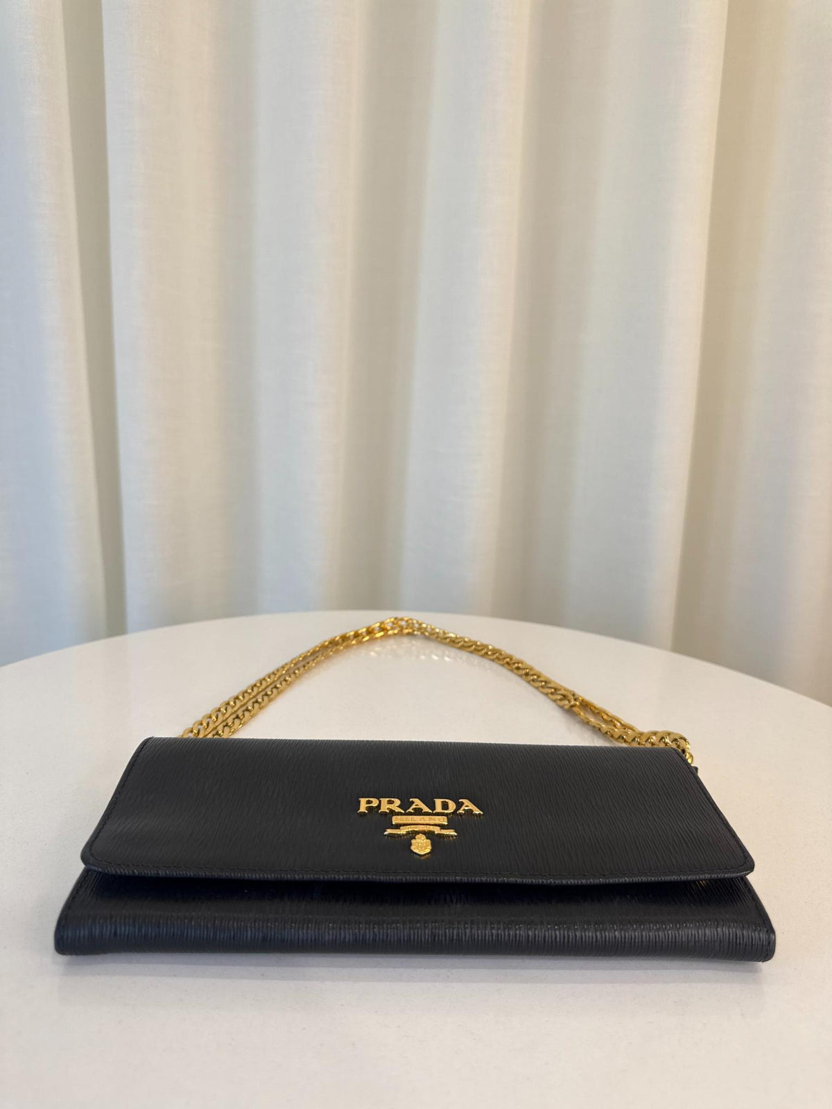 Prada Black Vitello Move Leather Continental Wallet on Chain