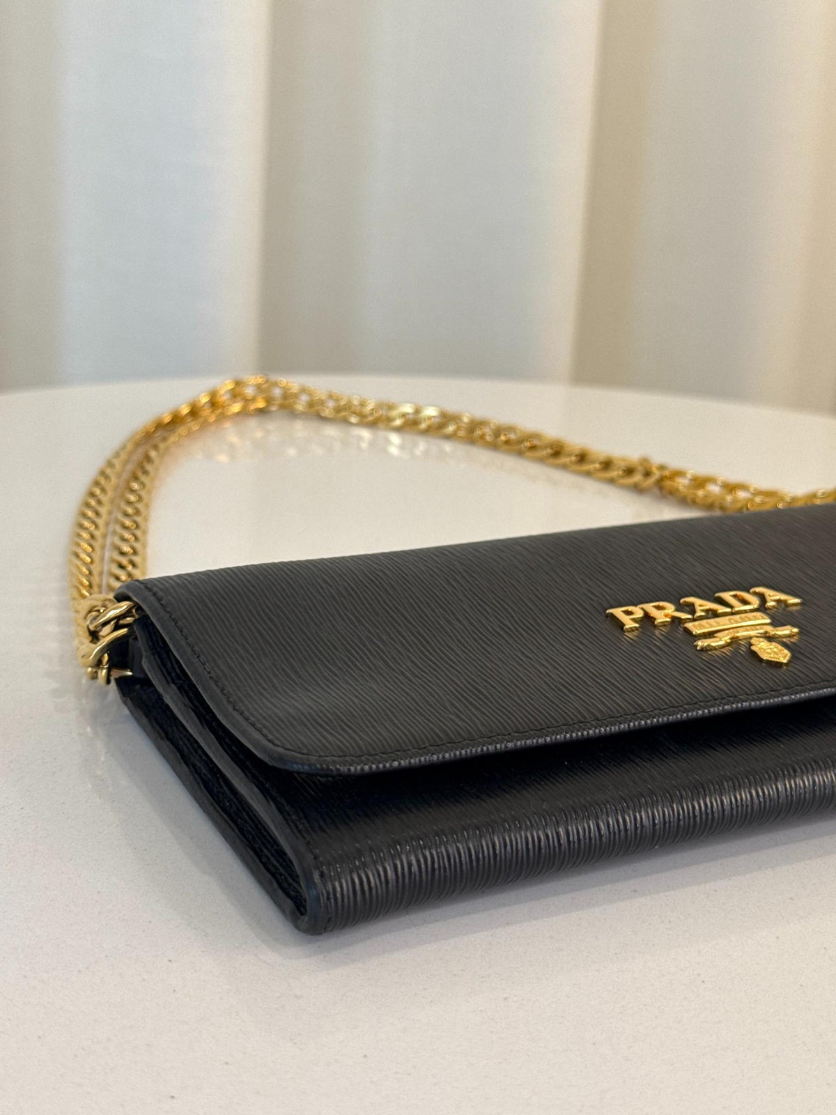 Prada Black Vitello Move Leather Continental Wallet on Chain