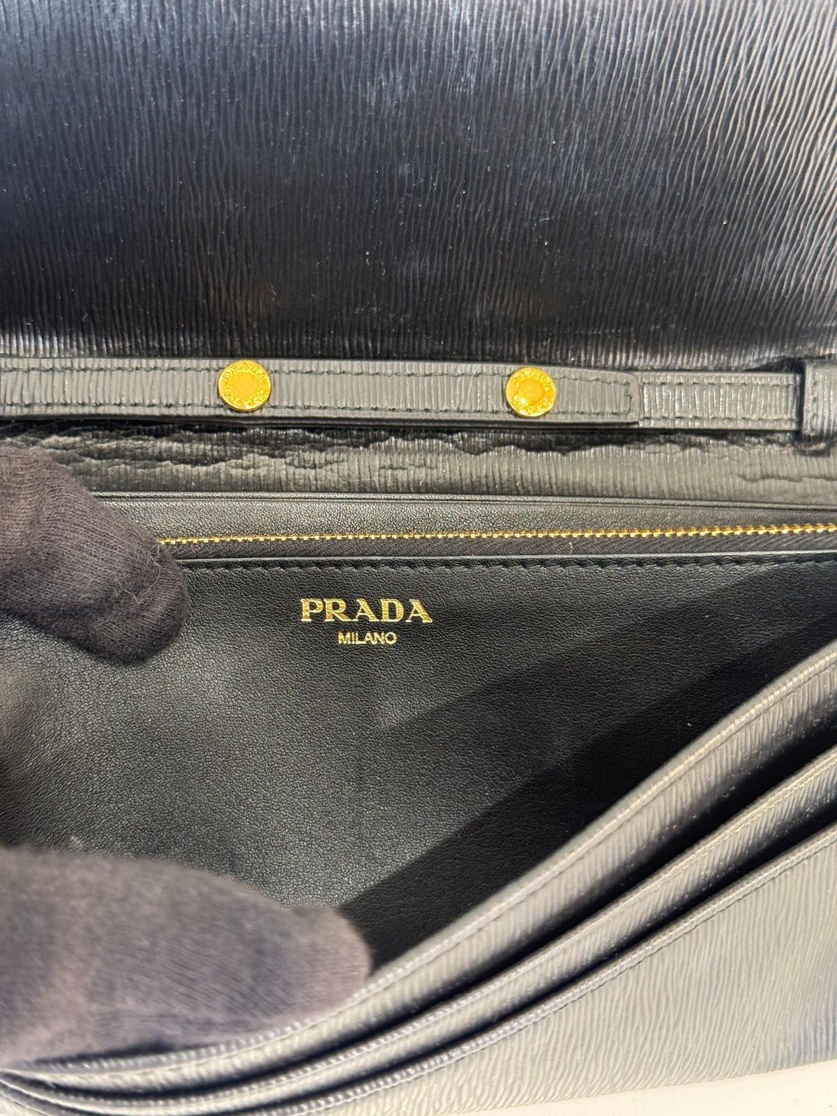 Prada Black Vitello Move Leather Continental Wallet on Chain