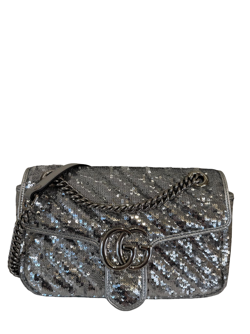 Gucci GG Marmont Sequin Matelassé Silver Shoulder Bag