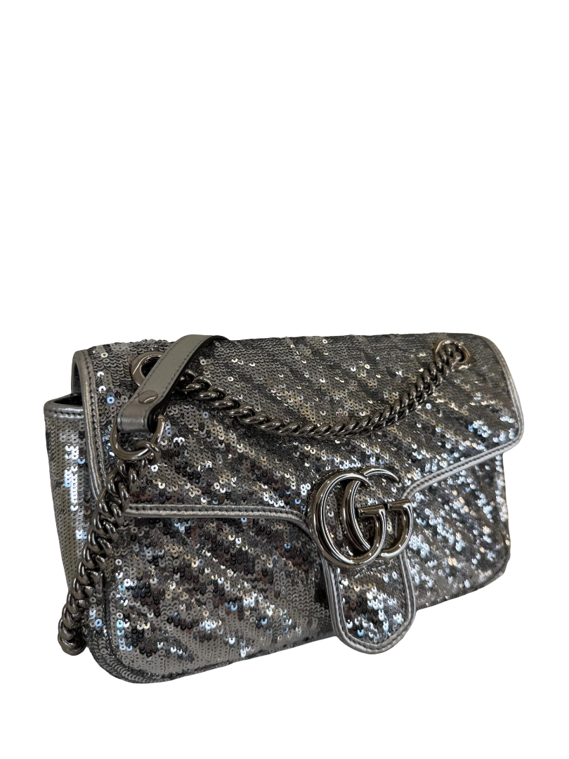 Gucci GG Marmont Sequin Matelassé Silver Shoulder Bag