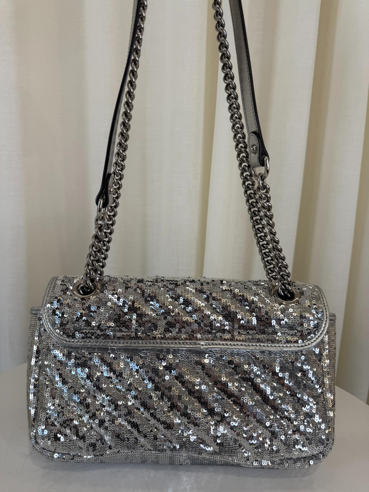 Gucci GG Marmont Sequin Matelassé Silver Shoulder Bag