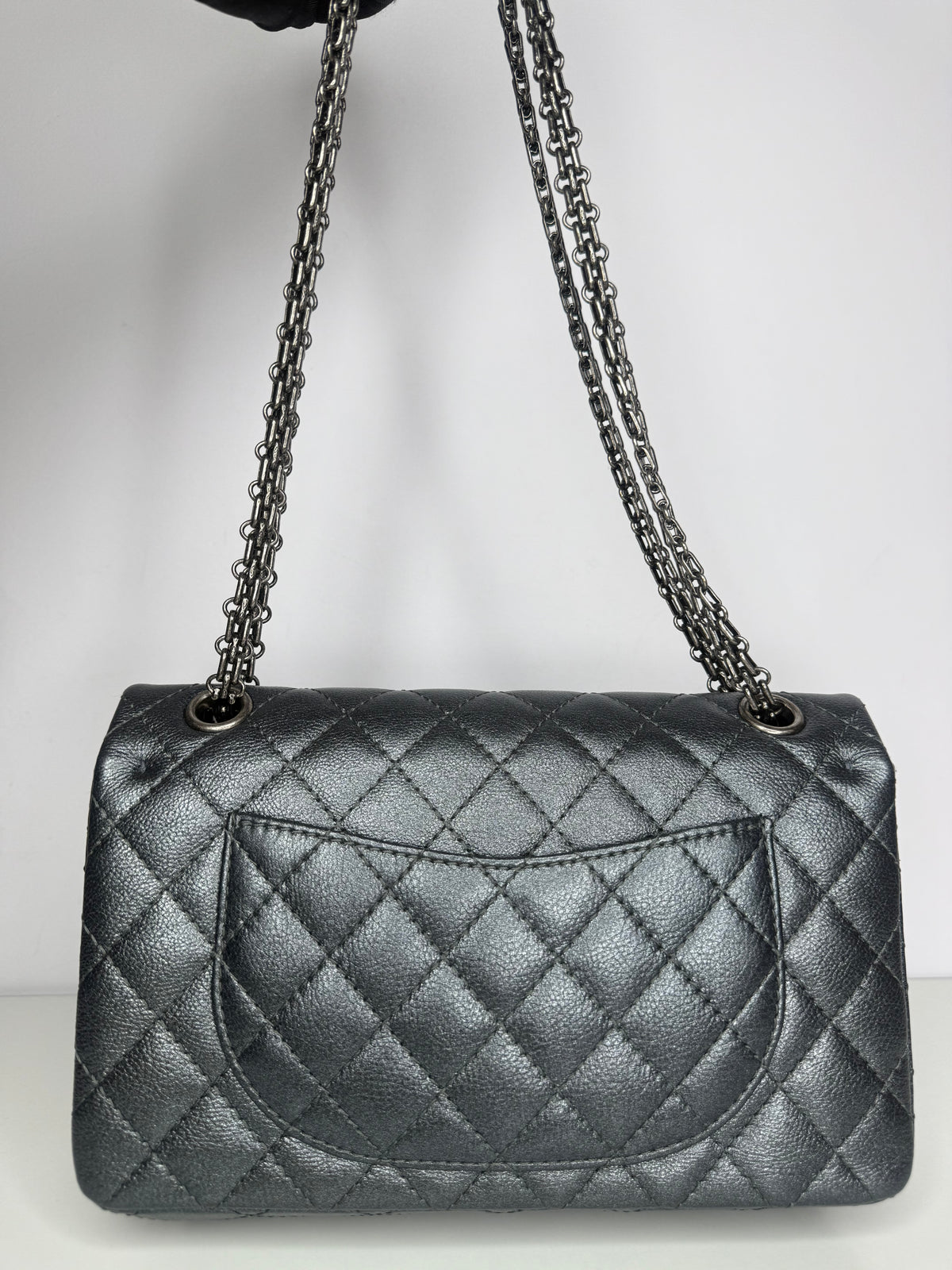 Chanel 2.55 Grey Metallic Charcoal Quilted Calfskin 225 Double Flap Bag