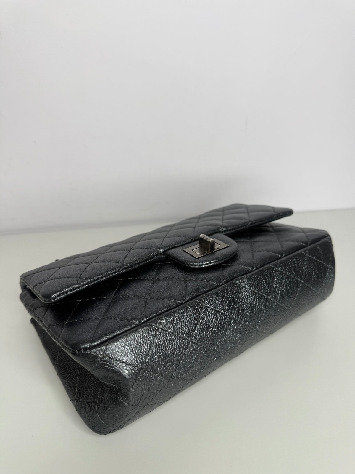 Chanel 2.55 Grey Metallic Charcoal Quilted Calfskin 225 Double Flap Bag