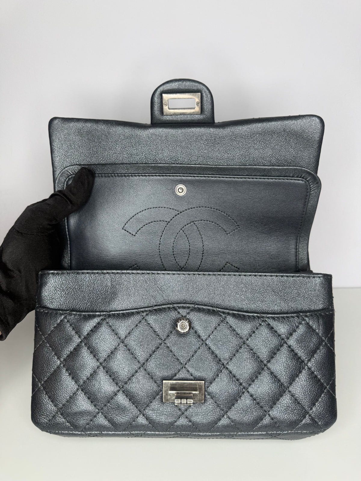 Chanel 2.55 Grey Metallic Charcoal Quilted Calfskin 225 Double Flap Bag