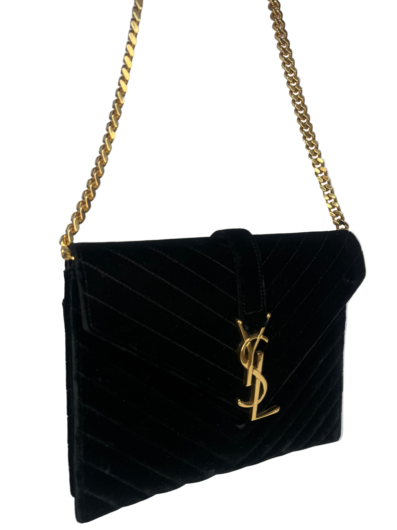 Saint Laurent Black Velvet Matelasse Medium Envelope Shoulder Bag