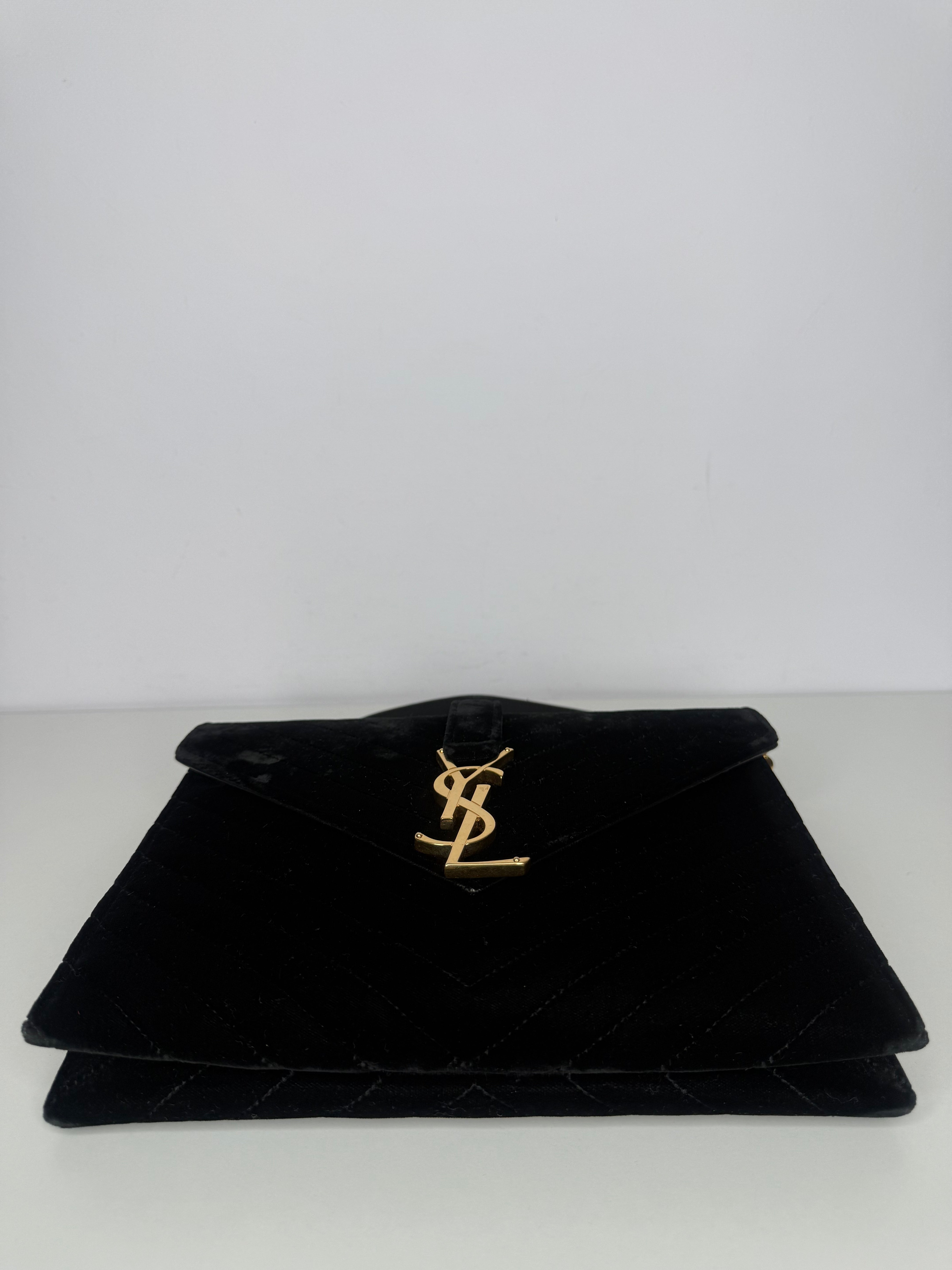 Saint Laurent Black Velvet Matelasse Medium Envelope Shoulder Bag
