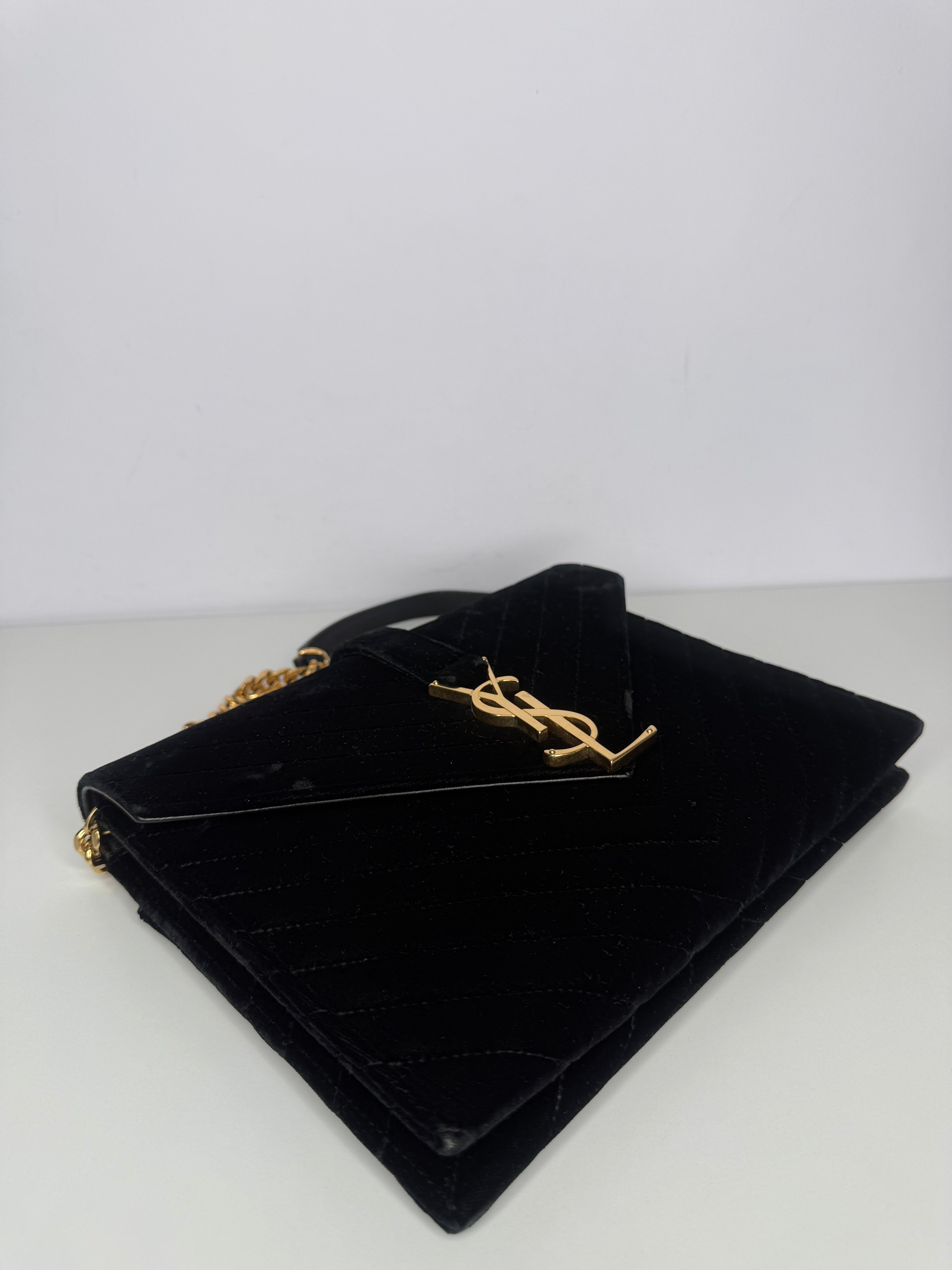 Saint Laurent Black Velvet Matelasse Medium Envelope Shoulder Bag