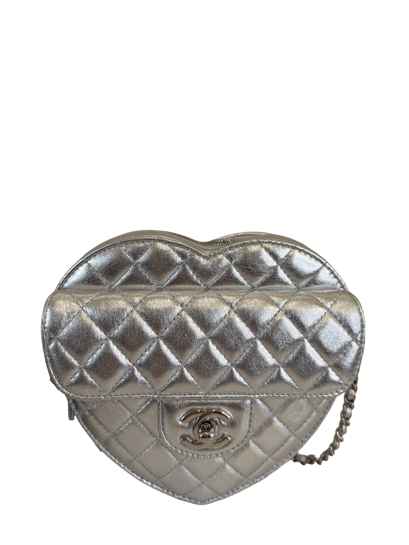 Chanel CC In Love Metallic Silver Lambskin Heart Shaped Bag