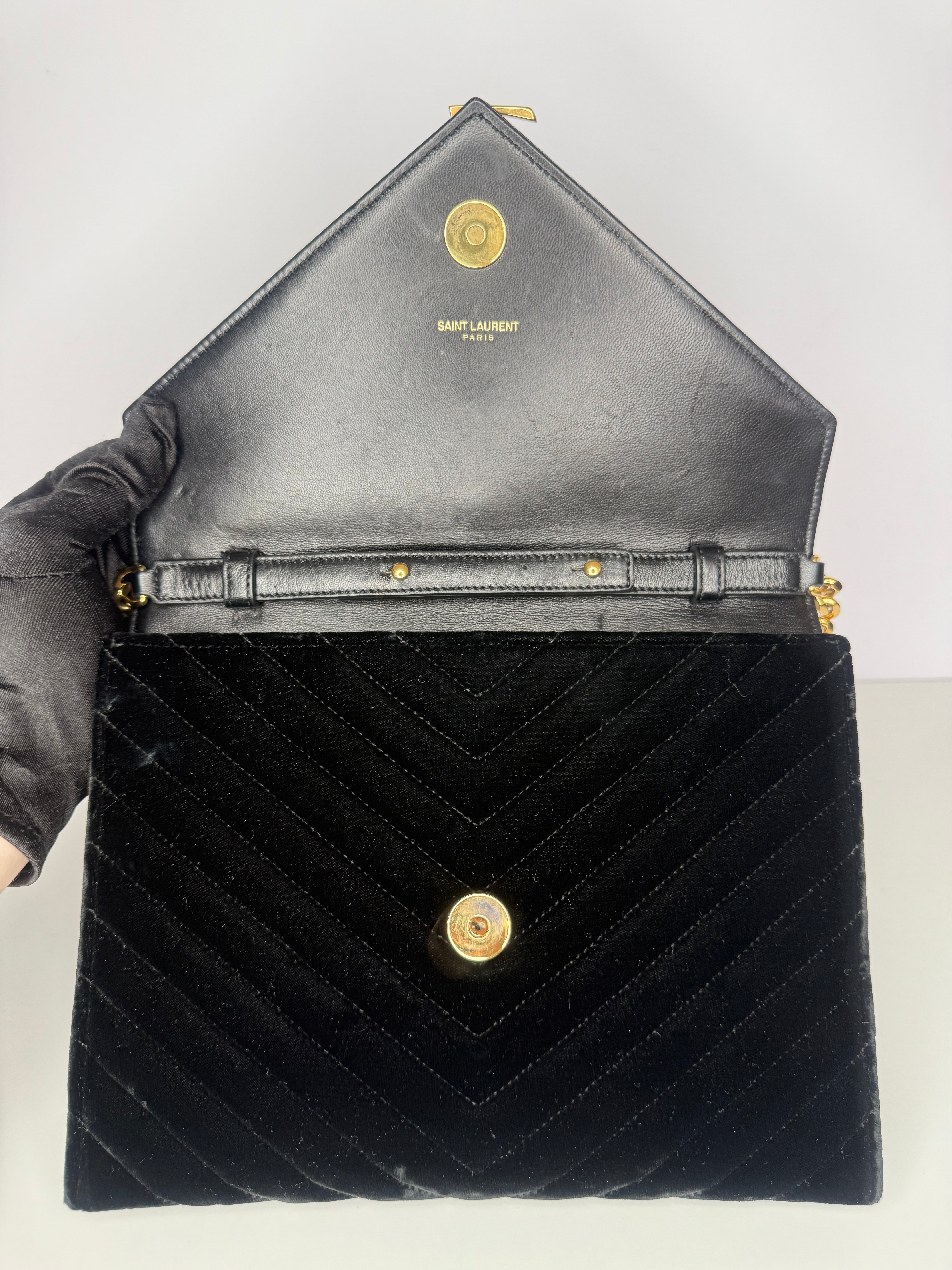 Saint Laurent Black Velvet Matelasse Medium Envelope Shoulder Bag