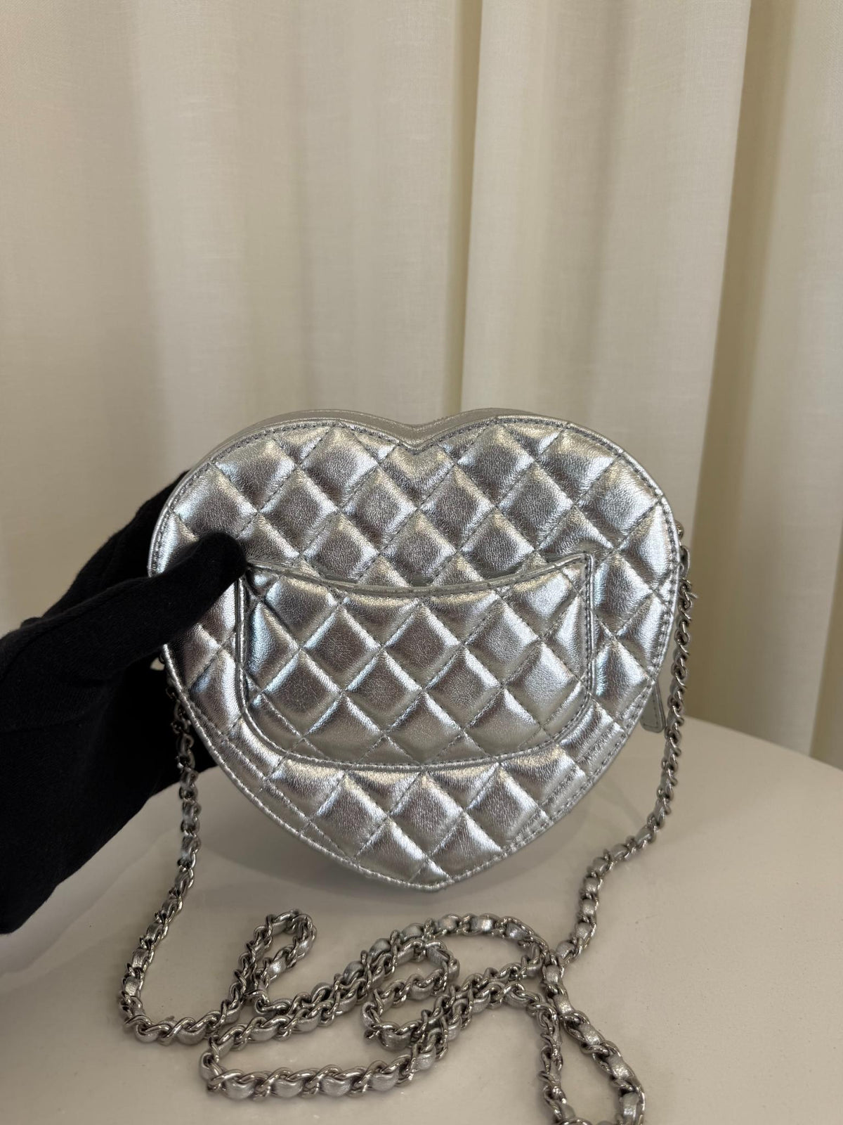 Chanel CC In Love Metallic Silver Lambskin Heart Shaped Bag