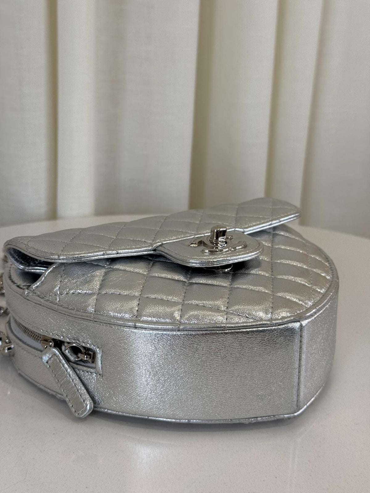 Chanel CC In Love Metallic Silver Lambskin Heart Shaped Bag