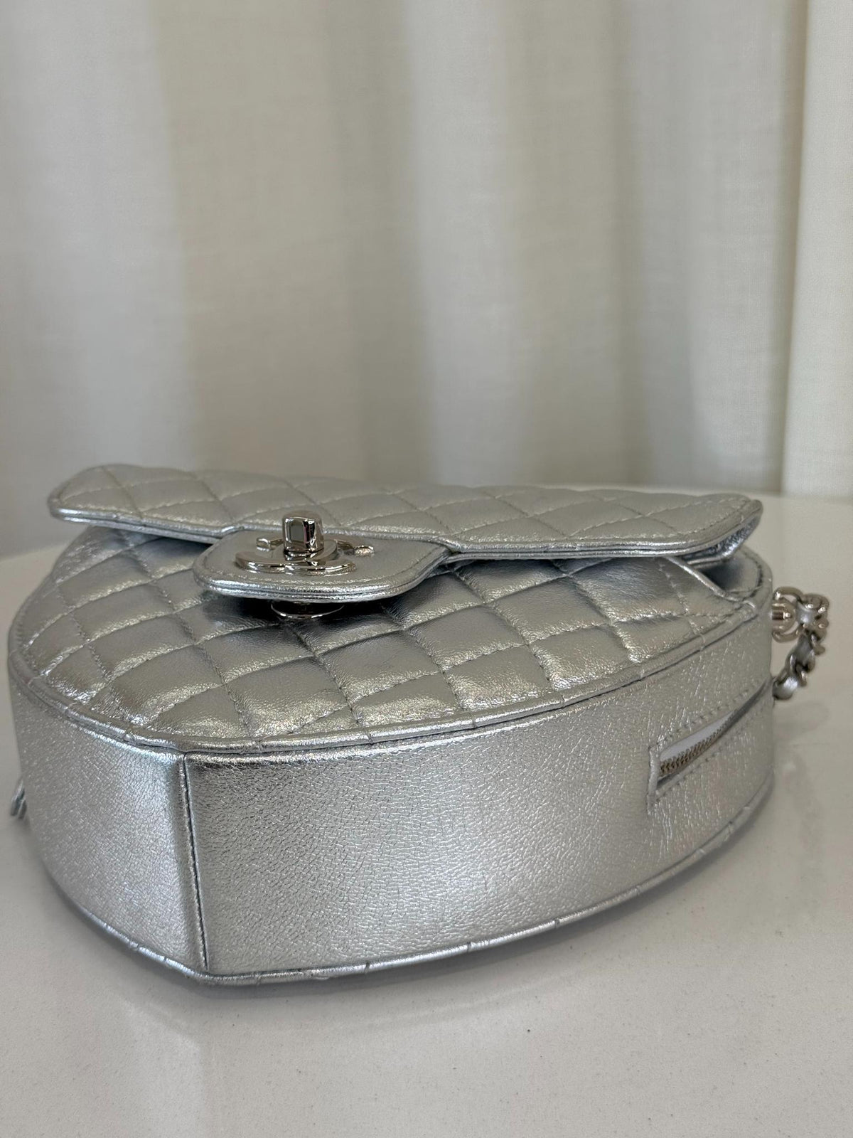 Chanel CC In Love Metallic Silver Lambskin Heart Shaped Bag