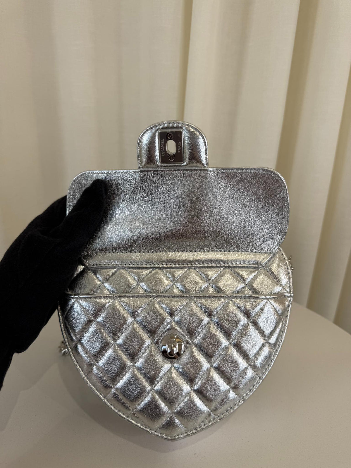 Chanel CC In Love Metallic Silver Lambskin Heart Shaped Bag