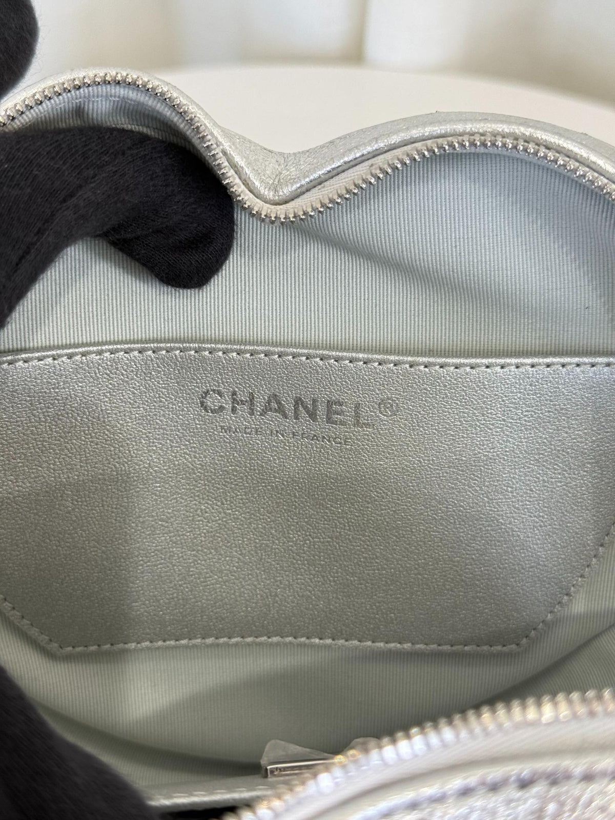 Chanel CC In Love Metallic Silver Lambskin Heart Shaped Bag
