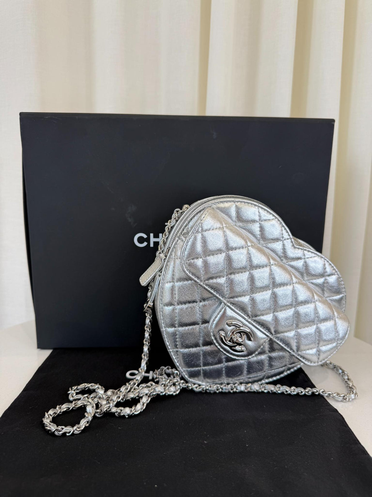 Chanel CC In Love Metallic Silver Lambskin Heart Shaped Bag