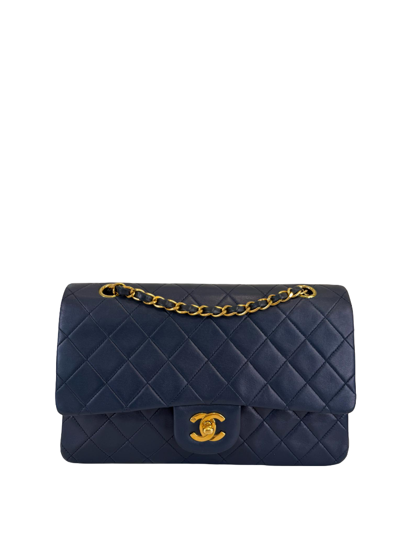 Chanel Vintage Classic Medium Navy Blue Lambskin Double Flap Bag
