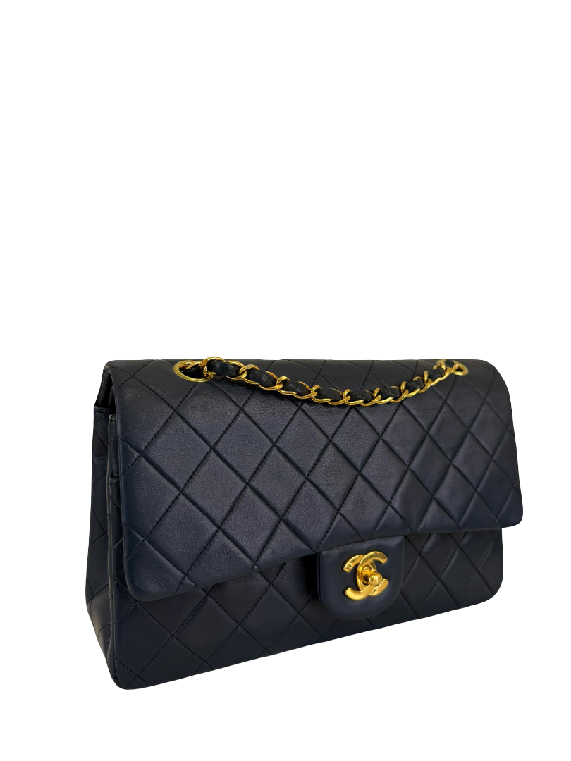 Chanel Vintage Classic Medium Navy Blue Lambskin Double Flap Bag