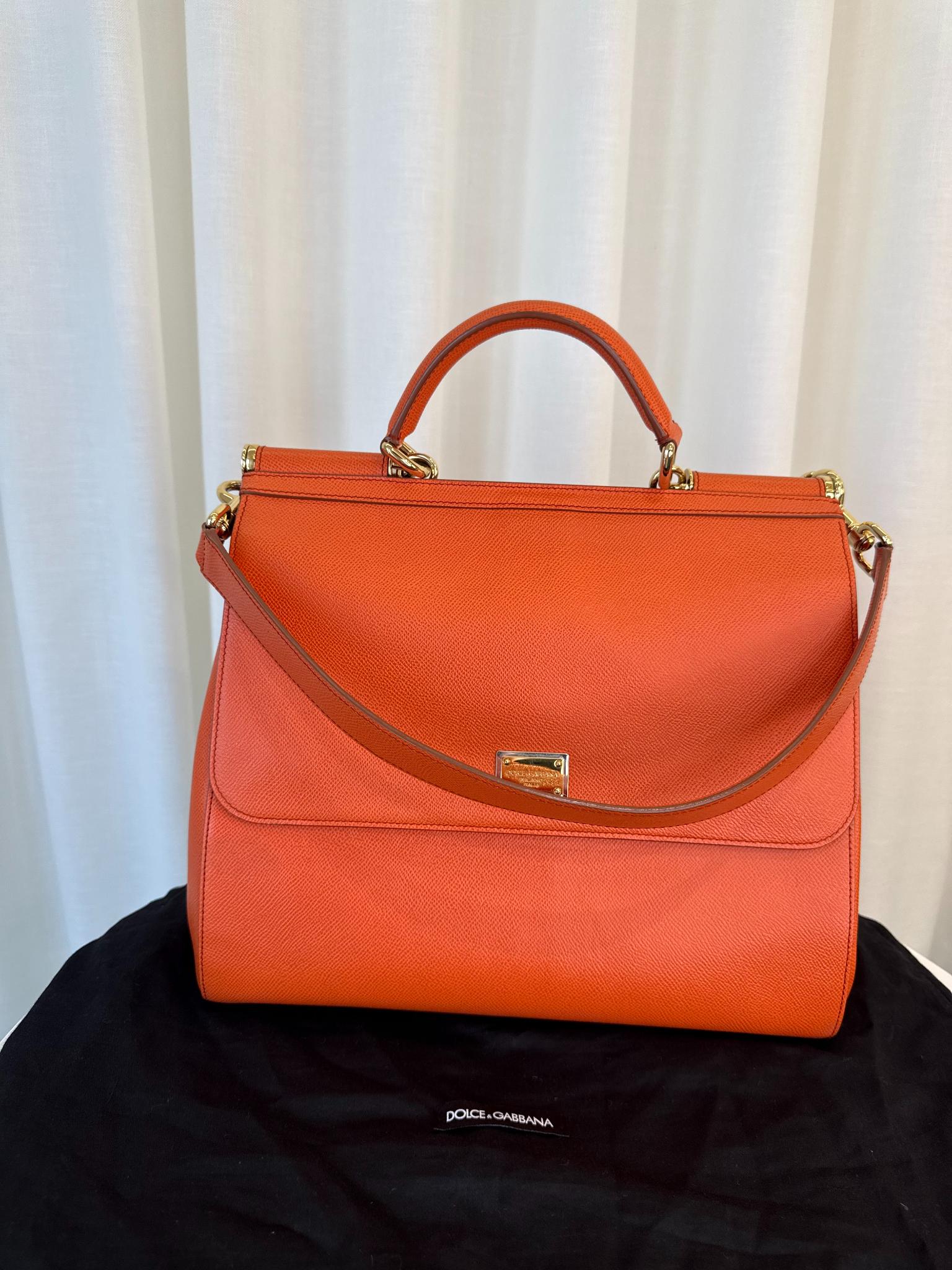 Dolce Gabbana Large Sicily Orange Dauphine Calfskin Top Handle Bag
