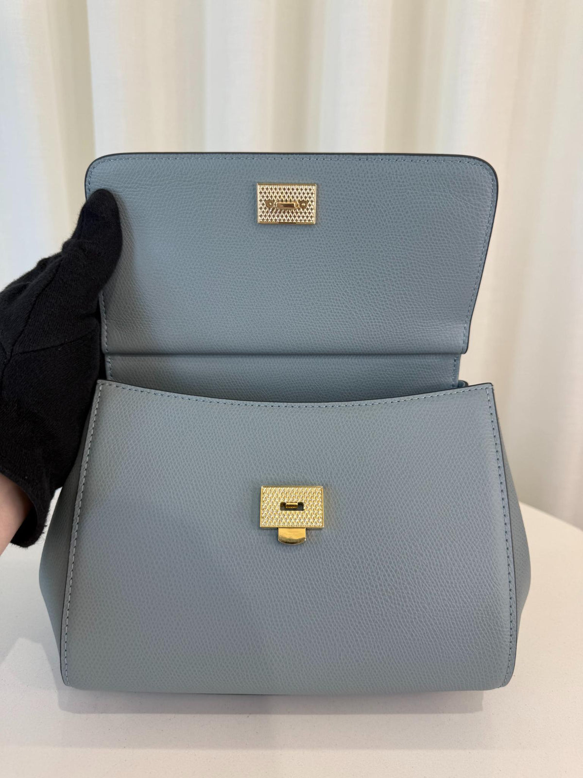 Dolce Gabbana Small Sicily Blue Dauphine Leather Top Handle Bag