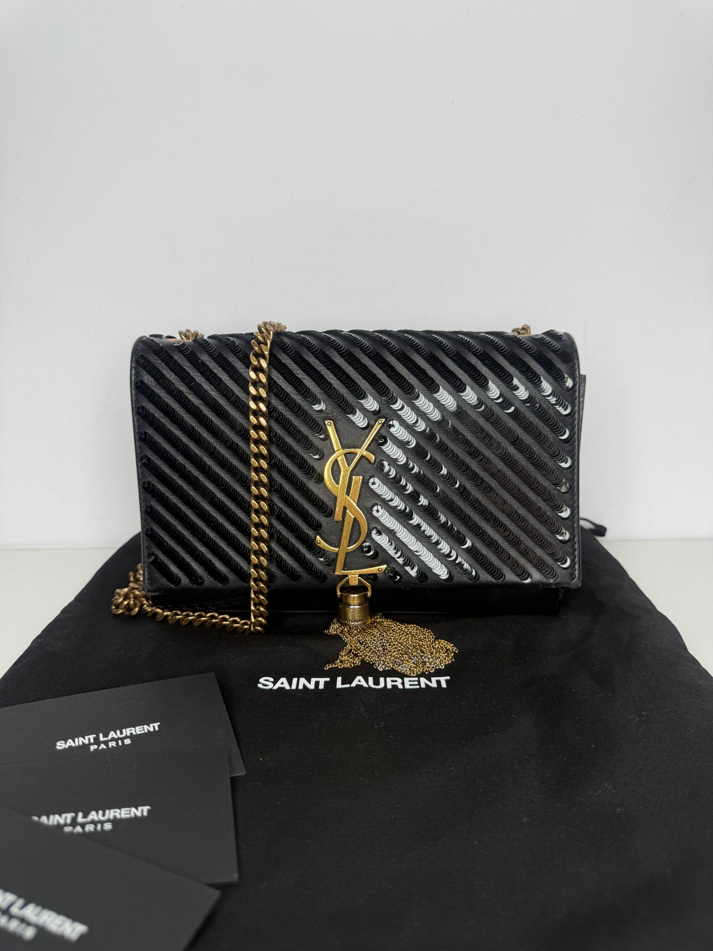 Saint Laurent Medium Kate Diagonal Sequin Tassel Black Bag