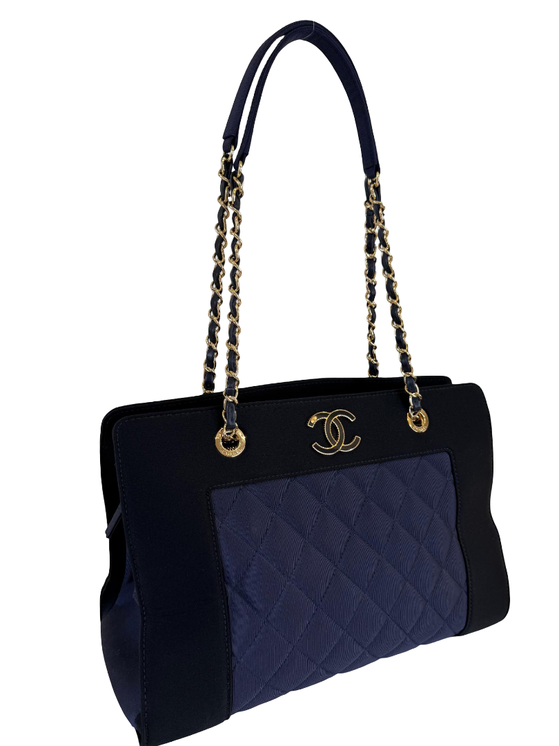 Chanel Canvas/Satin Quilted Leather Mademoiselle Vintage Shopping Tote Bag