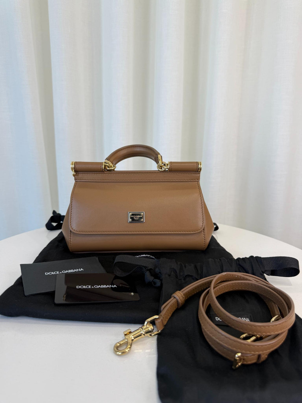 Dolce Gabbana Mini Sicily Brown Calfskin Leather Top Handle Bag