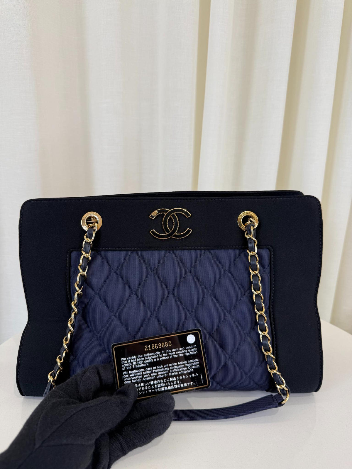 Chanel Canvas/Satin Quilted Leather Mademoiselle Vintage Shopping Tote Bag