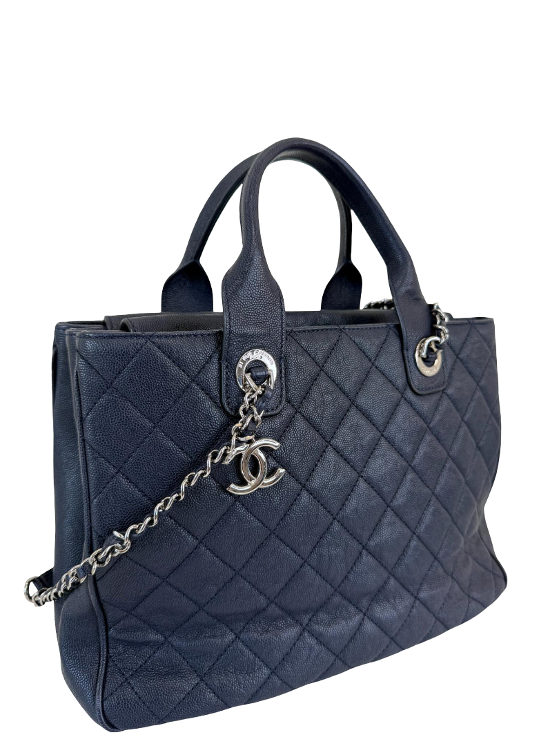 Chanel Urban Companion Navy Blue Quilted Caviar Leather Tote Bag