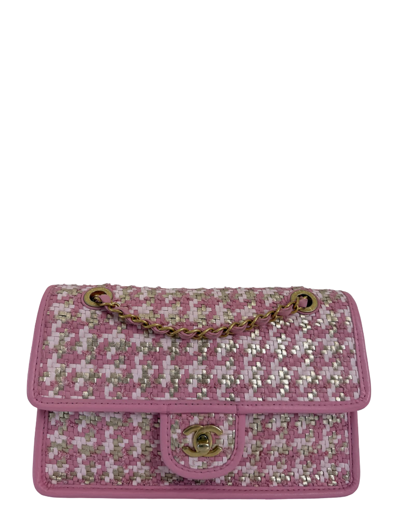 Chanel Pink Viscose Lambskin Gold Woven Flap Bag