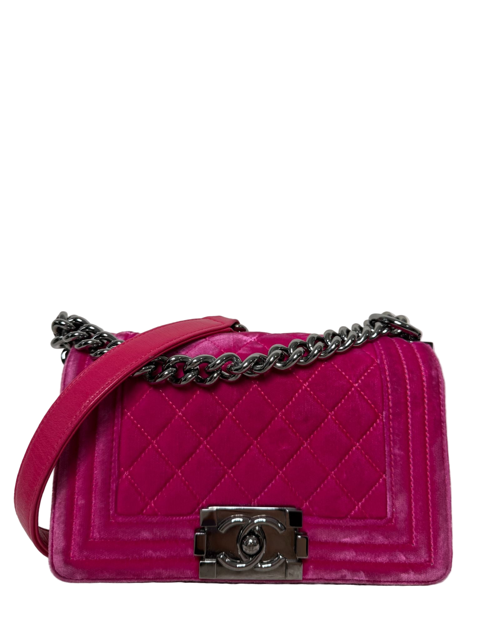 Chanel Fuchsia Quilted Velvet Small Boy Flap Bag