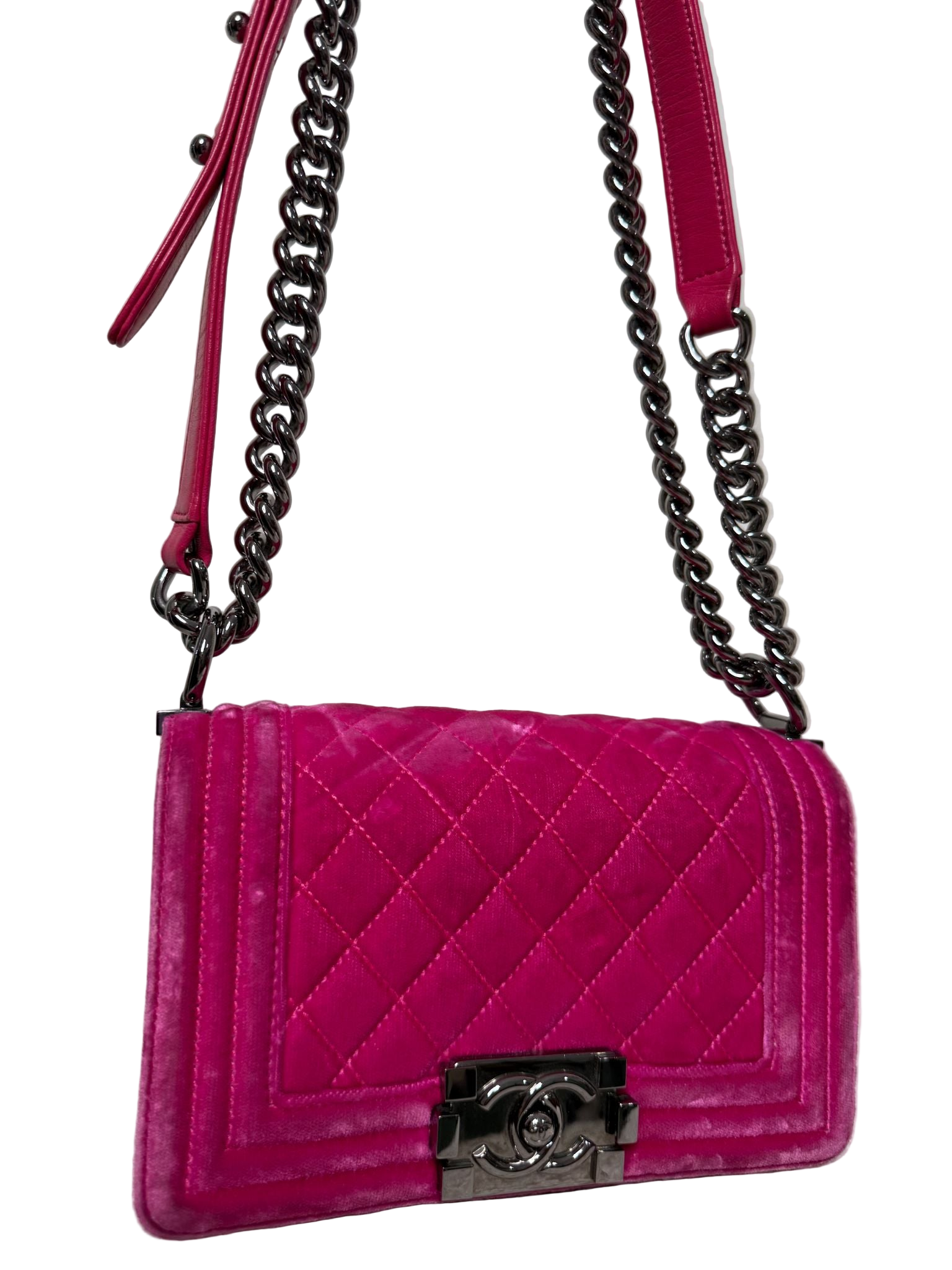 Chanel Fuchsia Quilted Velvet Small Boy Flap Bag
