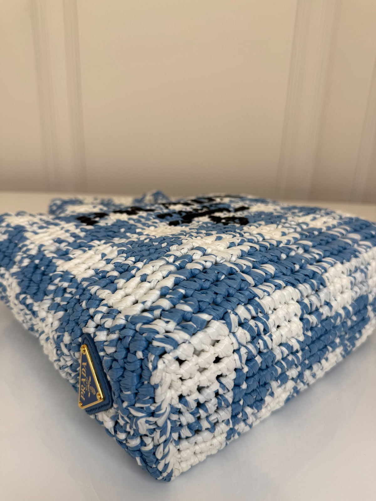 Prada White/Blue Small Raffia Crochet Basket Tote