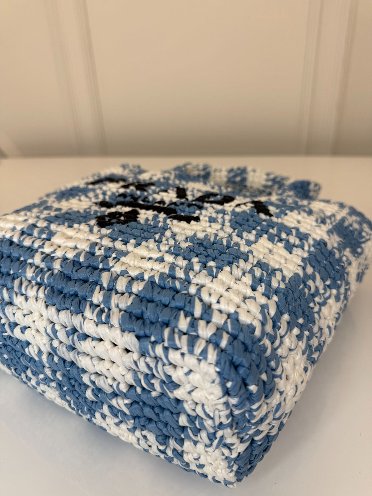Prada White/Blue Small Raffia Crochet Basket Tote