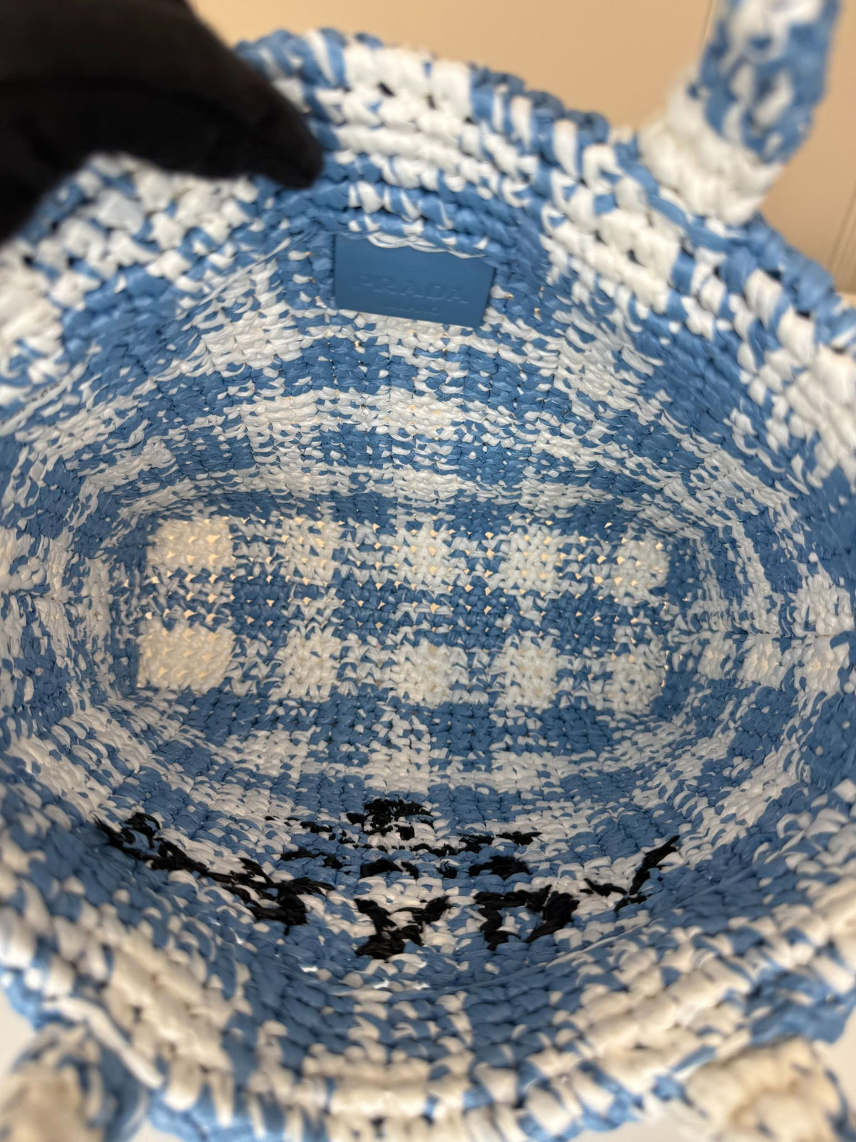 Prada White/Blue Small Raffia Crochet Basket Tote
