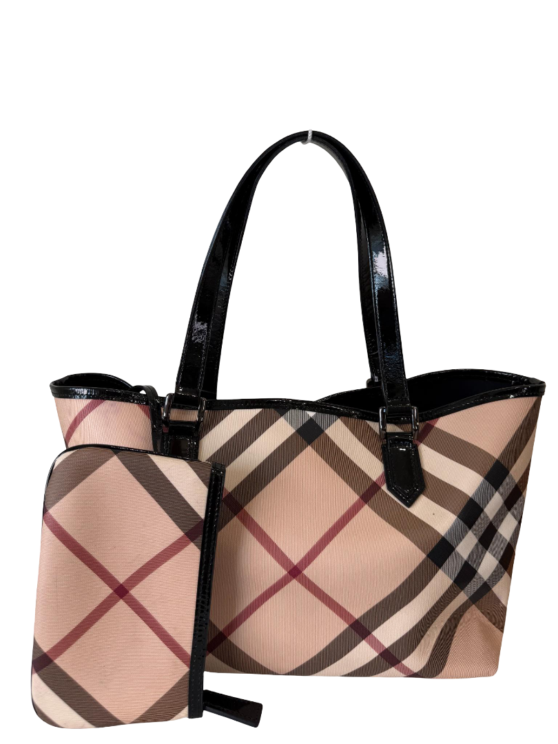Burberry Beige/Black Patent Leather Burberry Nickie Tote With Pouch