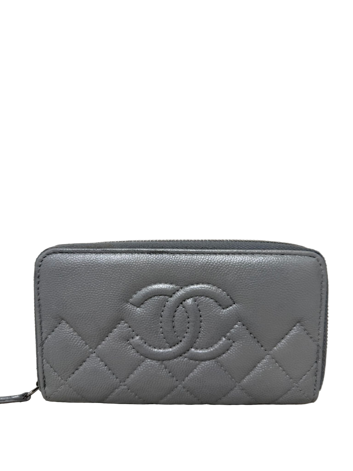Chanel Grey Metallic Quilted Zip Around Wallet