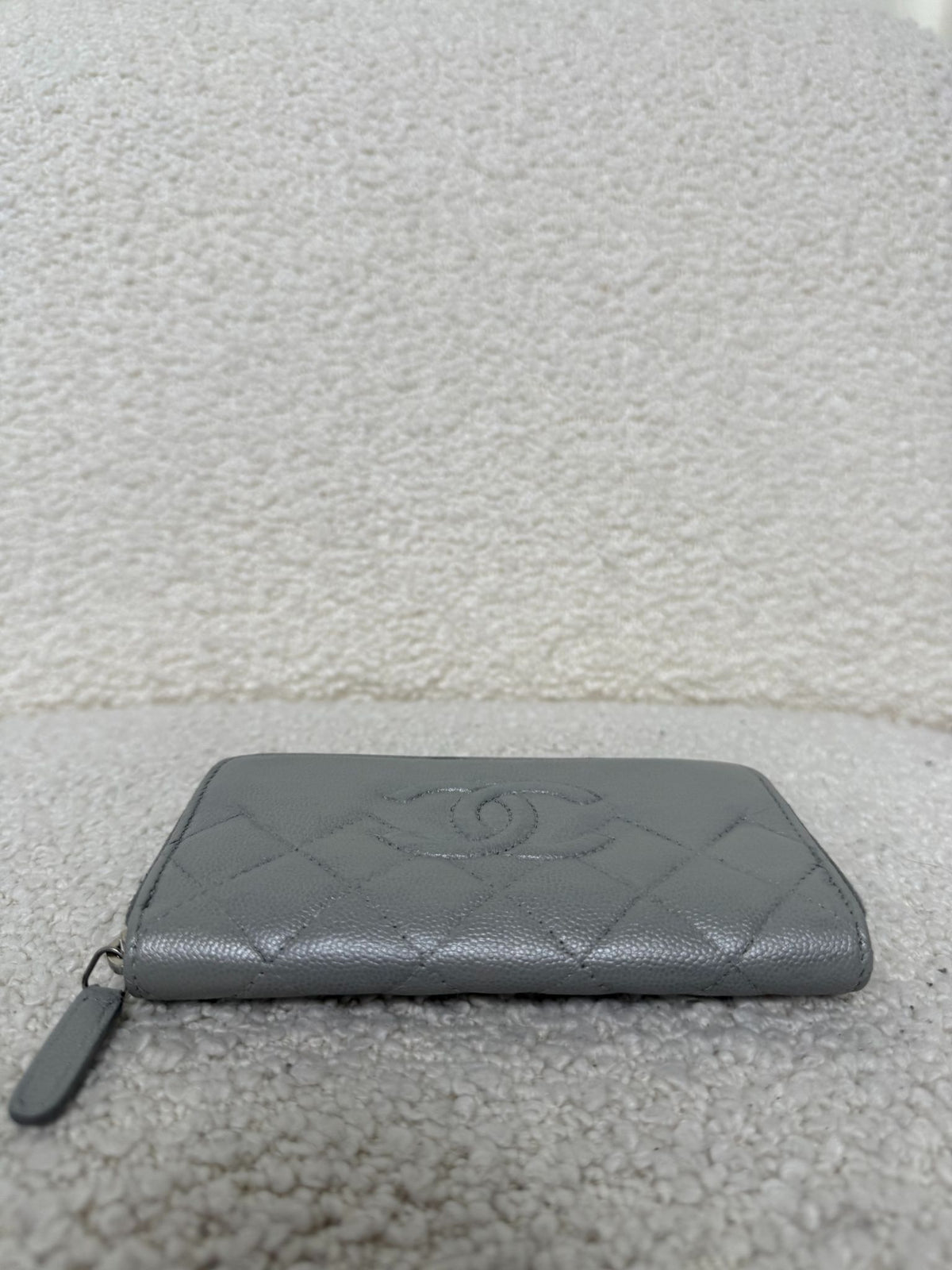 Chanel Grey Metallic Quilted Zip Around Wallet