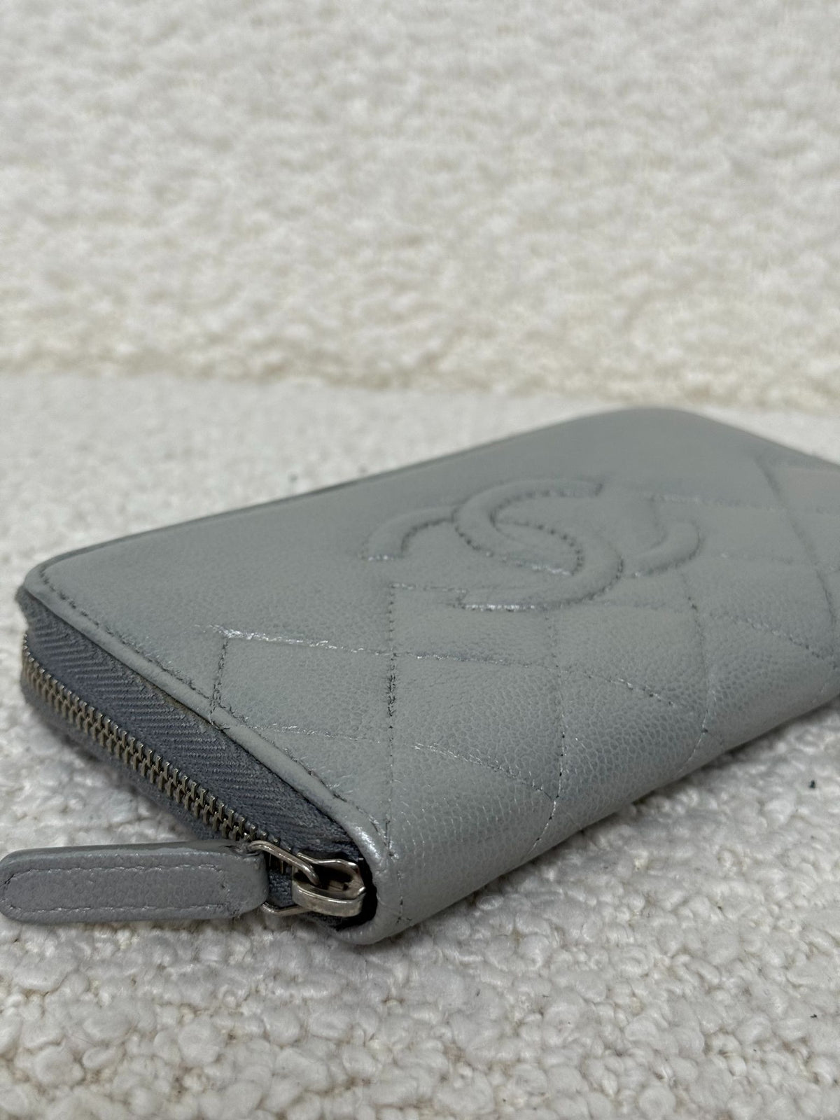 Chanel Grey Metallic Quilted Zip Around Wallet