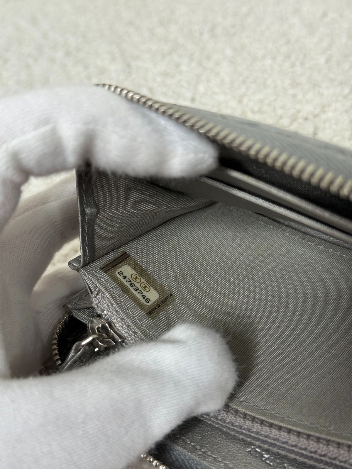 Chanel Grey Metallic Quilted Zip Around Wallet