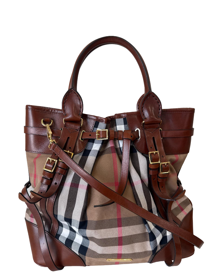 Burberry Brown House Check Bridle Calfskin Medium Lynher Tote