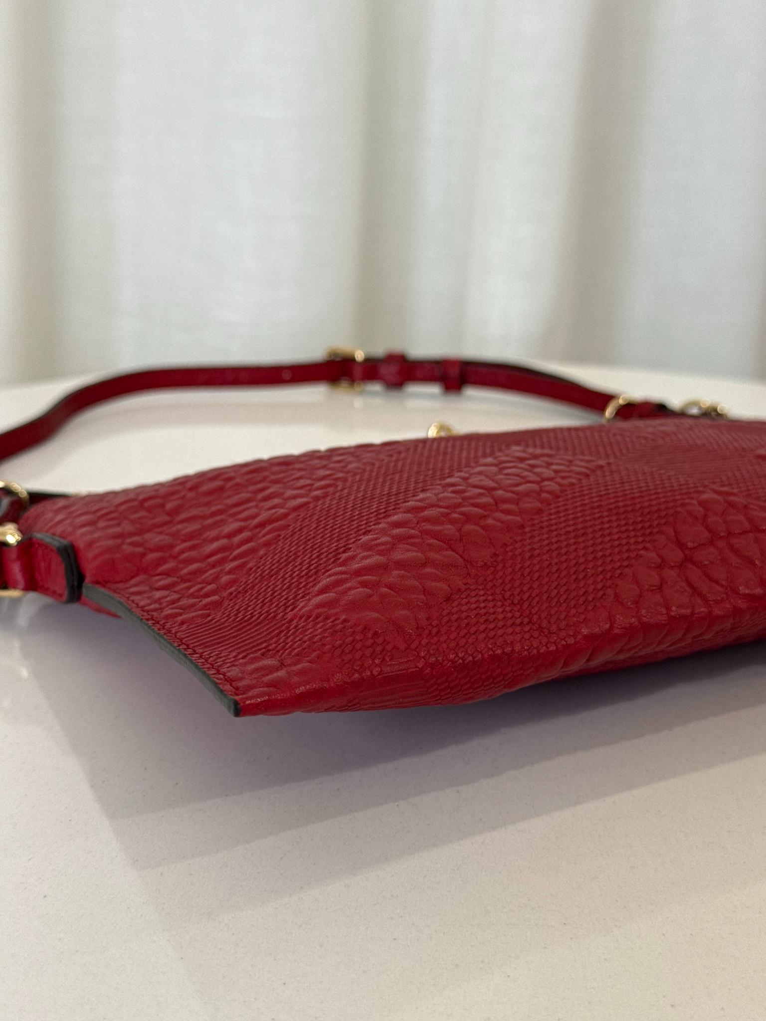Burberry Red Grained Check Embossed Leather Peyton Crossbody Bag