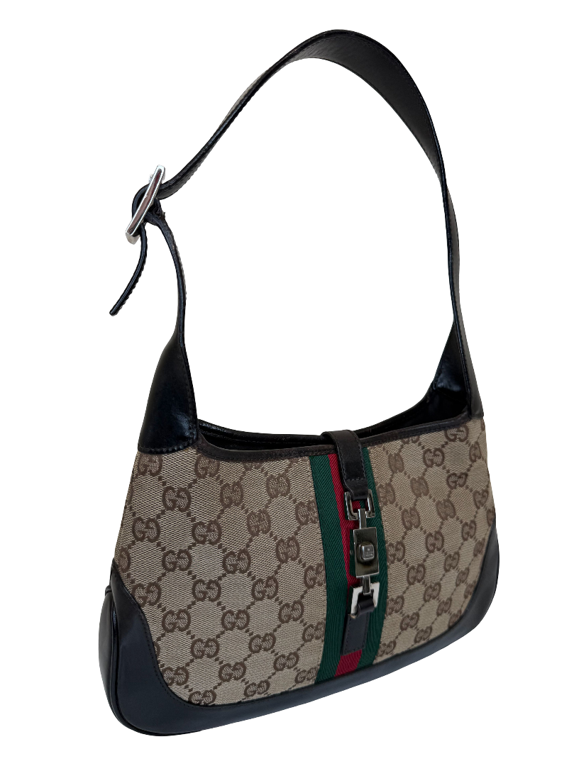 Gucci Vintage Small Jackie GG Canvas Dark Brown Leather Hobo Bag