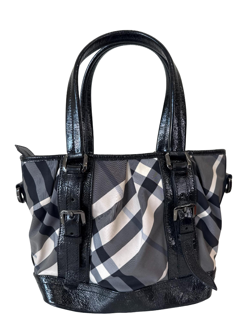 Burberry Black Beat Check Nylon and Patent Leather Small Lowry Tote