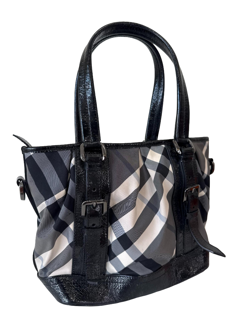 Burberry Black Beat Check Nylon and Patent Leather Small Lowry Tote