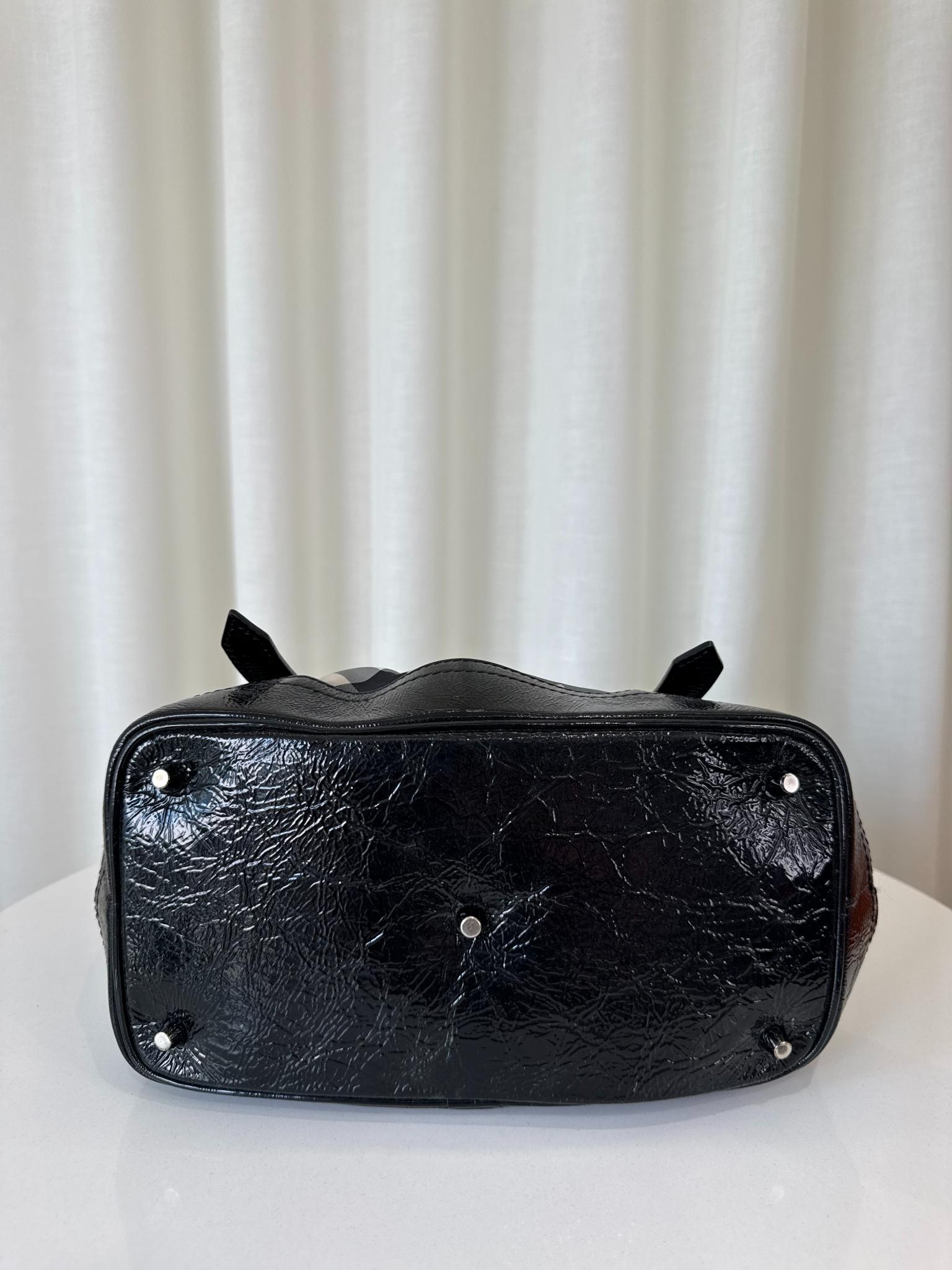 Burberry Black Beat Check Nylon and Patent Leather Small Lowry Tote
