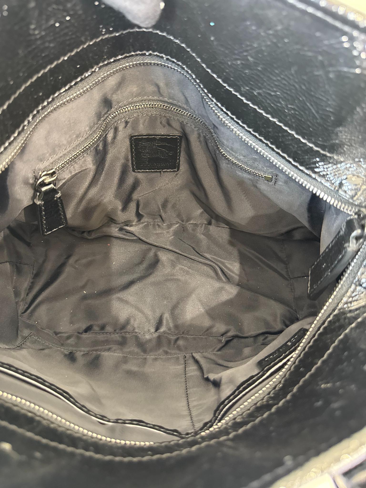 Burberry Black Beat Check Nylon and Patent Leather Small Lowry Tote