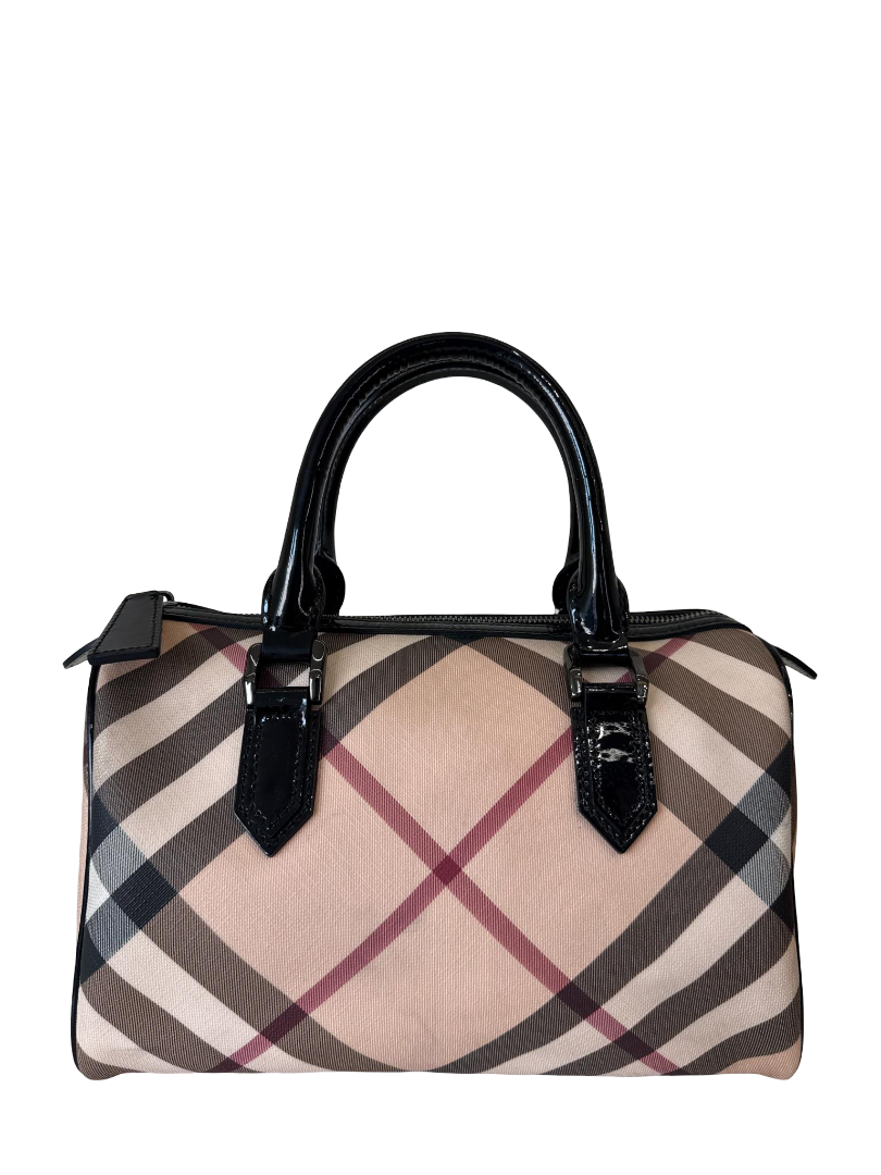 Burberry Beige/Black Supernova Check Coated Canvas and Patent Leather Boston Bag